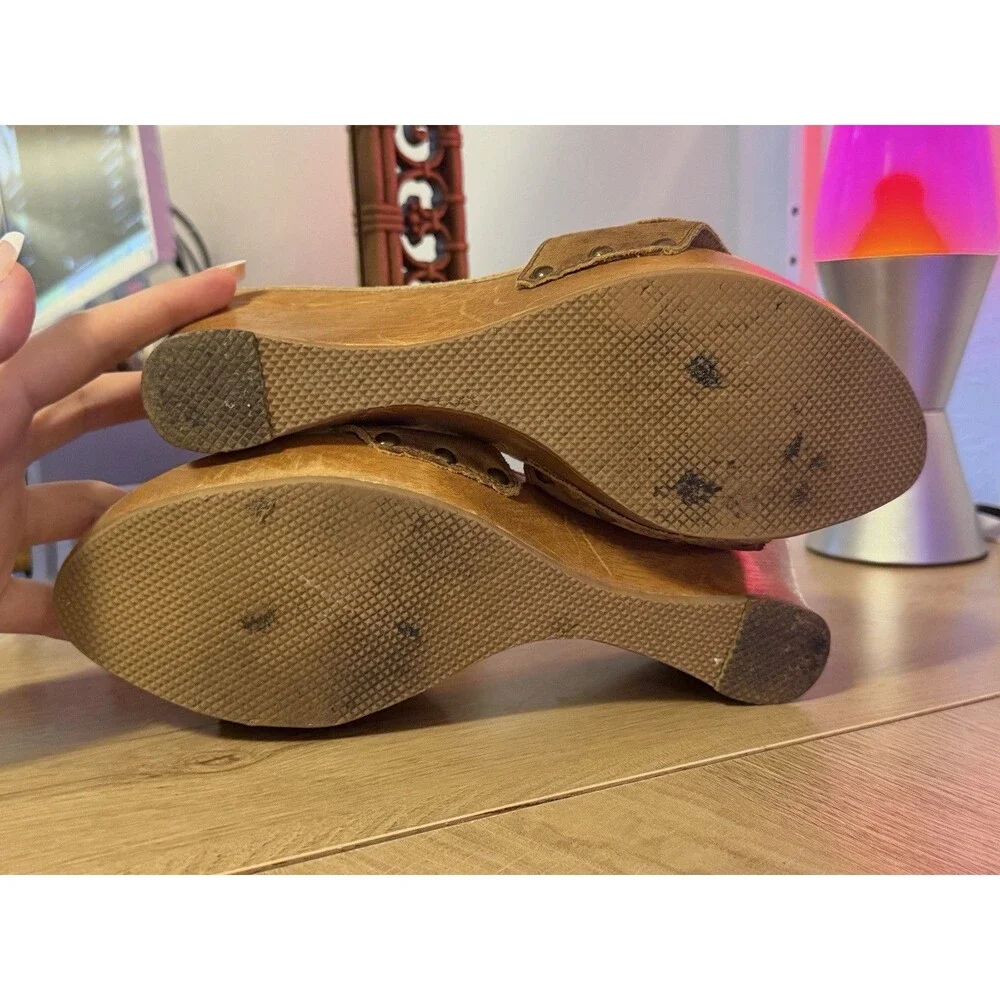 Dr Scholl’s The Original Big Buc Wooden Wedge Heel Vintage Tan Leather Size 9